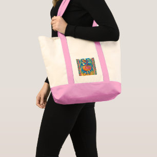 HALLOWEEN PINK FLAMINGO & BLACK CAT IN PUMPKIN TOTE BAG