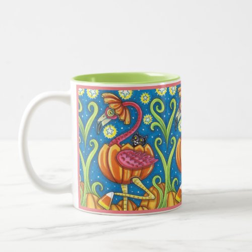 HALLOWEEN PINK FLAMINGO  BLACK CAT IN PUMPKIN Two_Tone COFFEE MUG