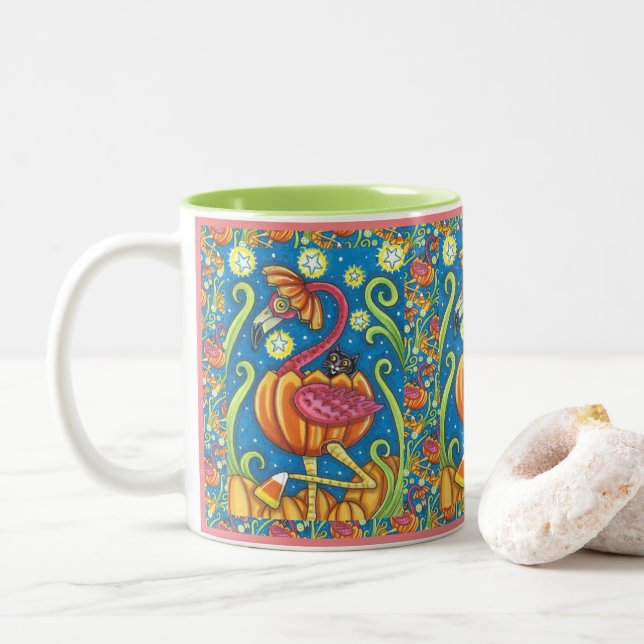 HALLOWEEN PINK FLAMINGO & BLACK CAT IN PUMPKIN Two-Tone COFFEE MUG (With Donut)
