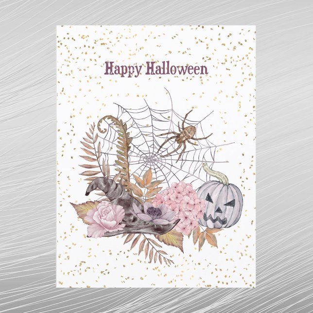 Halloween Pink Floral Pumpkin Spider Web Holiday Postcard (Creator Uploaded)