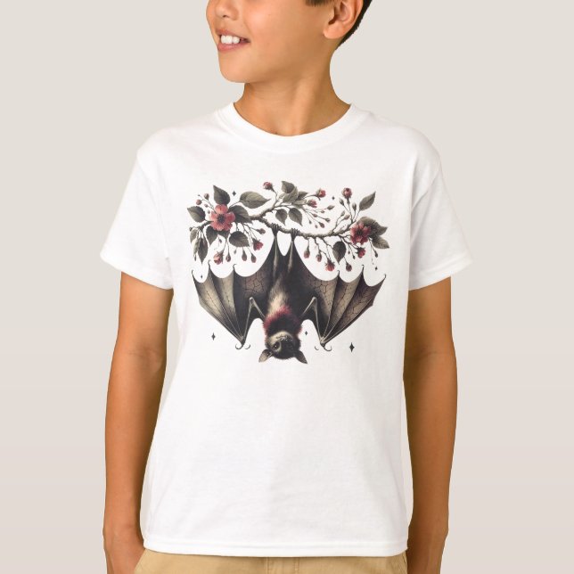 Halloween Pink Flowers Bat Green Leaves Scary Kids T-Shirt (Front)
