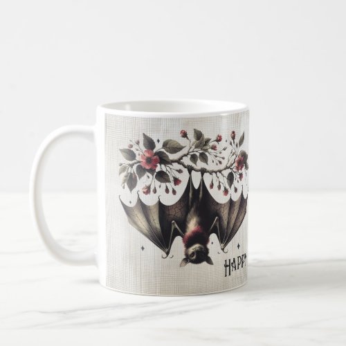 Halloween Pink Flowers Evil Bat Green Leaves Coffee Mug