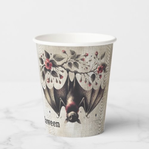 Halloween Pink Flowers Evil Bat Green Leaves Paper Cups