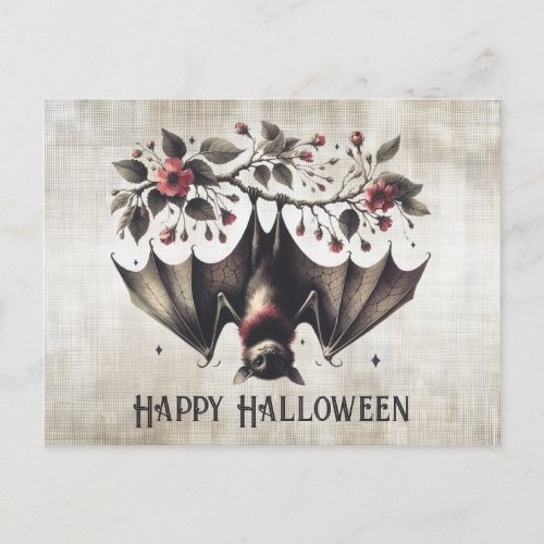 Halloween Pink Flowers Evil Bat Green Leaves Postcard