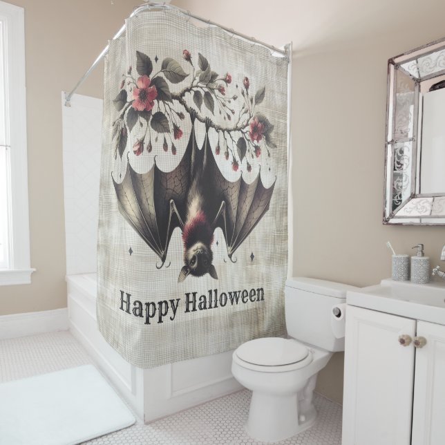 Halloween Pink Flowers Evil Bat Green Leaves Shower Curtain (In Situ)