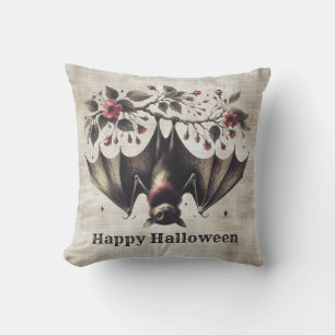 Halloween Pink Flowers Evil Bat Green Leaves Throw Pillow