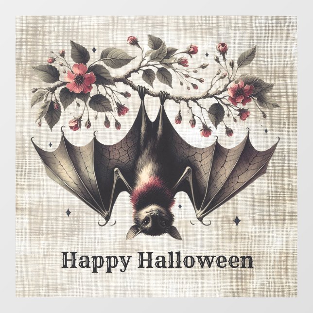 Halloween Pink Flowers Evil Bat Green Leaves Window Cling (Sheet)