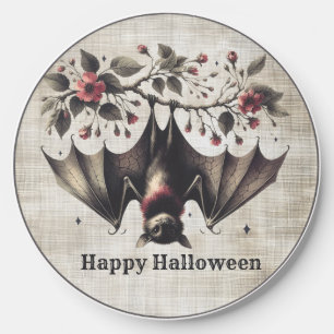 Halloween Pink Flowers Evil Bat Green Leaves Wireless Charger