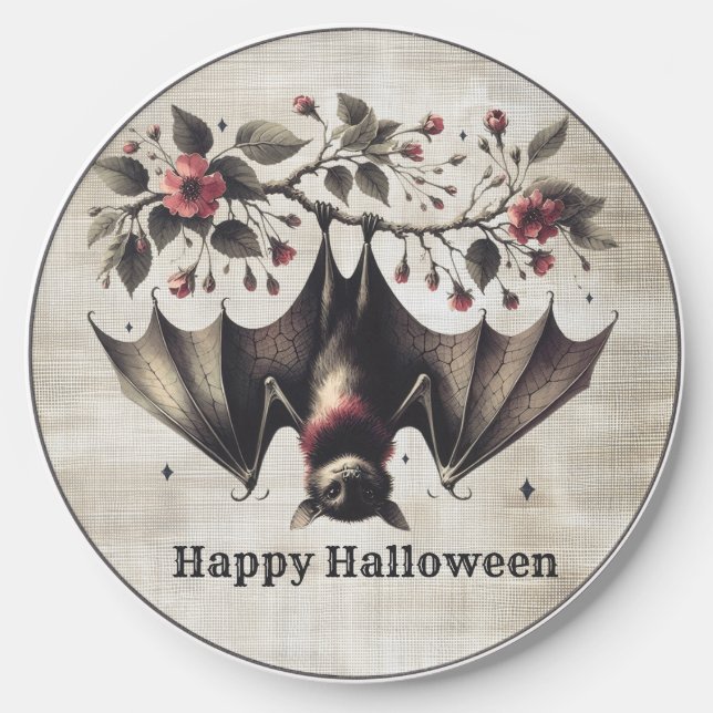 Halloween Pink Flowers Evil Bat Green Leaves Wireless Charger (Front)