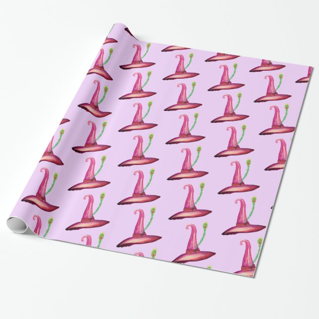 Halloween Pink Hat Witches Art  Wrapping Paper (Unrolled)