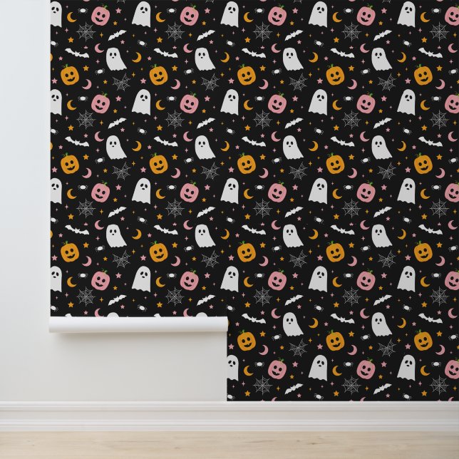 Halloween Pink & Orange & Black Pumpkin Spider Bat Wallpaper (Application)