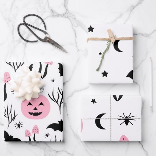 Halloween Pink Pumpkin Bat Moon Star Spider Party Wrapping Paper Sheets