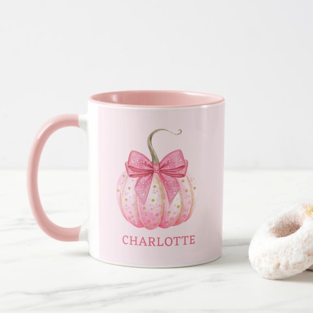 Halloween Pink Pumpkin Coquette Bow Personalized Mug (With Donut)