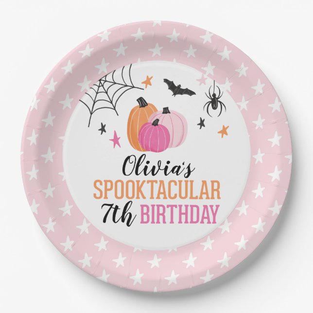 Halloween Pink Pumpkins and Stars Birthday Paper Plates (Front)