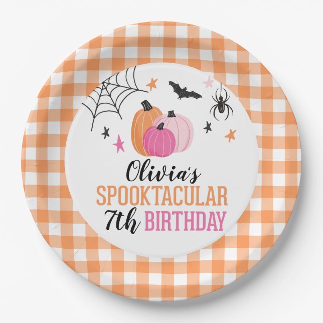 Halloween Pink Pumpkins Orange Plaid Birthday Pape Paper Plates (Front)