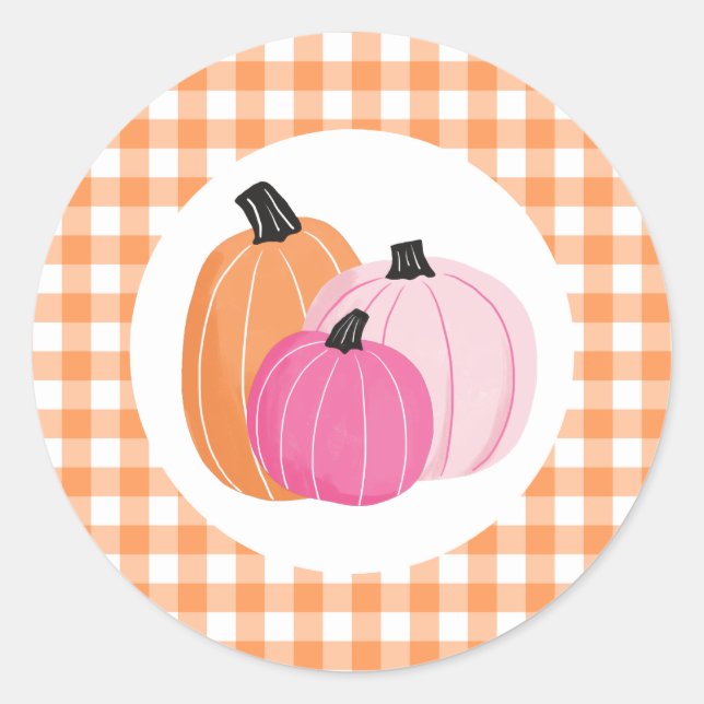 Halloween Pink Pumpkins Orange Plaid Classic Round Sticker (Front)