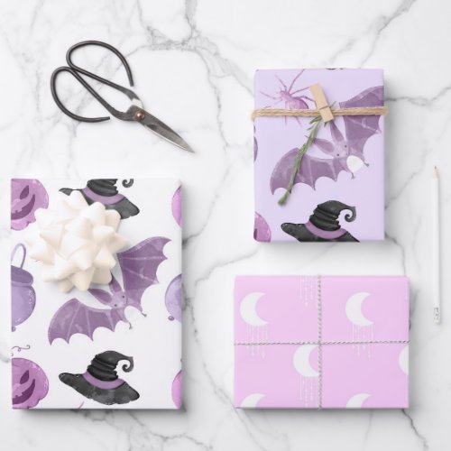 Halloween Pink Purple Bat Witch Hat Lantern Spider Wrapping Paper Sheets