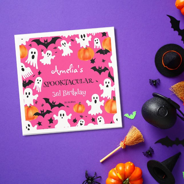 Halloween pink spooky spooktacular birthday party napkins (Pink Halloween party tableware personalized napkins birthday napkins cute ghosts bats pumpkins pink)