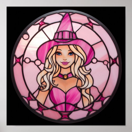 Halloween Pink Witch Cute Stained Glass Design Poster