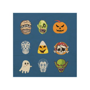 Halloween Pirate Skeleton Zombie Mummy Funny Faces Wood Wall Art