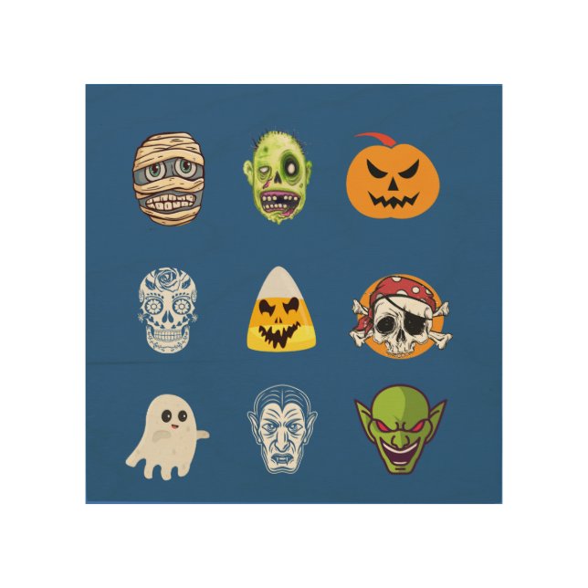 Halloween Pirate Skeleton Zombie Mummy Funny Faces Wood Wall Art (Front)