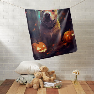 Halloween Pitbull With Pumpkins Scary  Baby Blanket