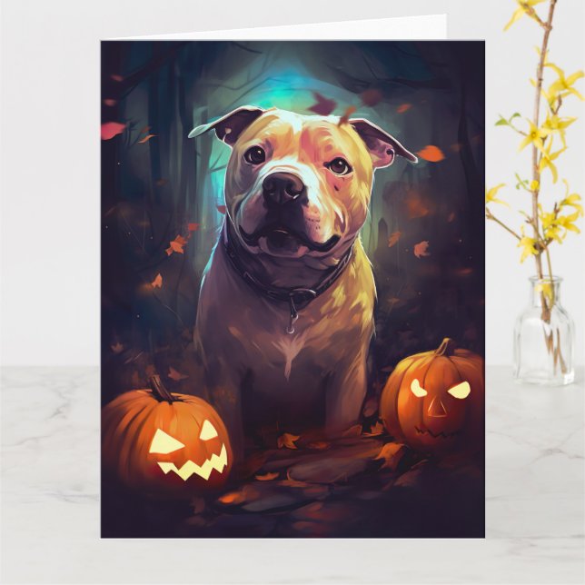 Halloween Pitbull With Pumpkins Scary  Card (Yellow Flower)