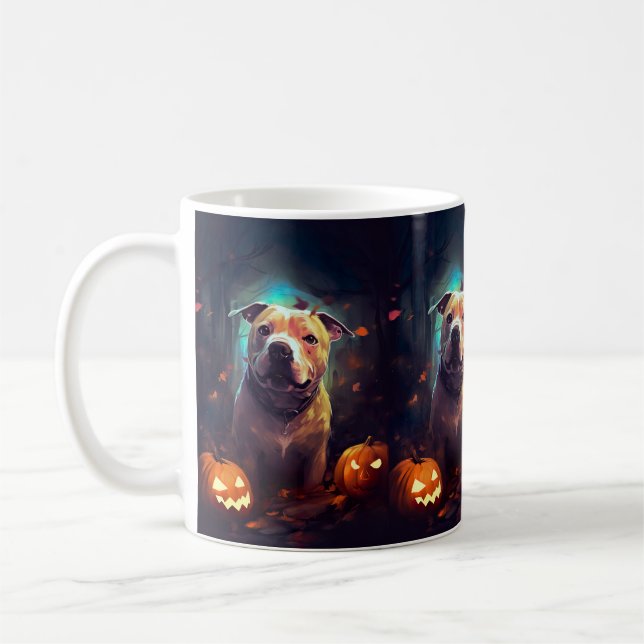 Halloween Pitbull With Pumpkins Scary  Coffee Mug (Left)