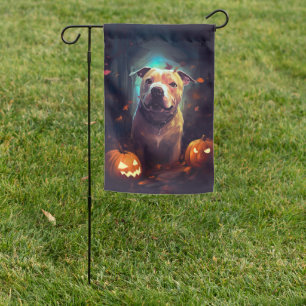 Halloween Pitbull With Pumpkins Scary Garden Flag