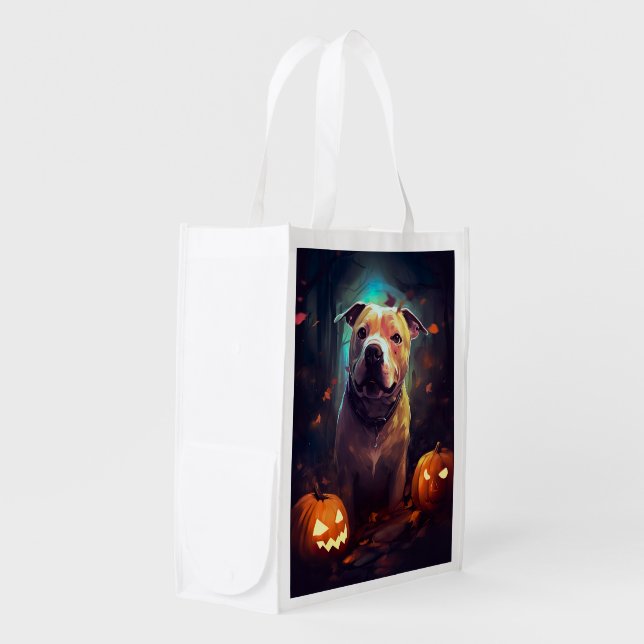 Halloween Pitbull With Pumpkins Scary  Grocery Bag (Front Side)