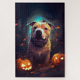 Halloween Pitbull With Pumpkins Scary Jigsaw Puzzle
