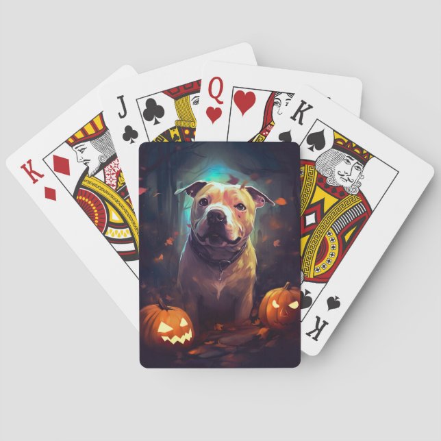 Halloween Pitbull With Pumpkins Scary  Poker Cards (Back)