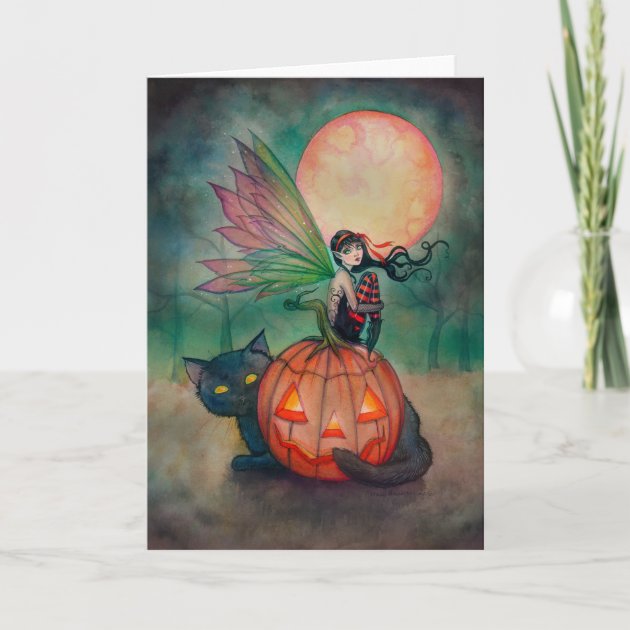 Halloween Pixie Fairy And Black Cat Fantasy Art Invitation