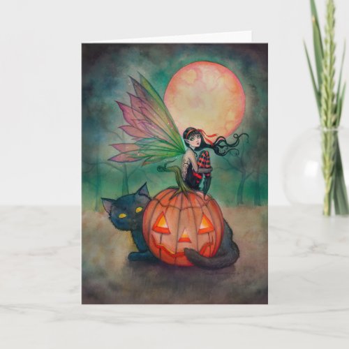 Halloween Pixie Fairy and Black Cat Fantasy Art Card