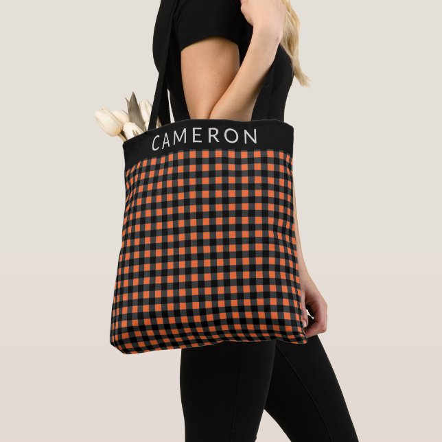 Halloween Plaid Pattern Black Orange Personalized Tote Bag (Close Up)