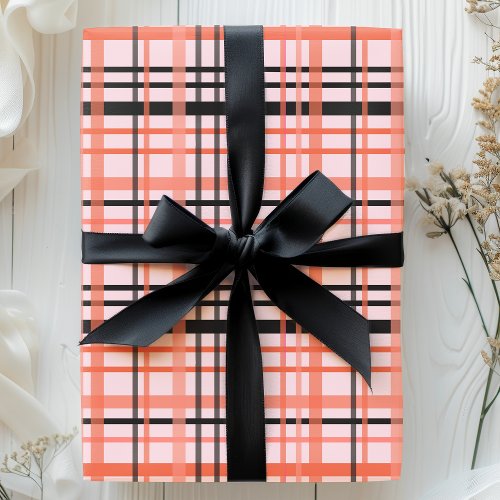 Halloween Plaid Pattern in Pink Orange and Black Wrapping Paper