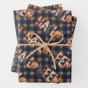 Halloween Plaid Pumpkin Wrapping Paper Sheets