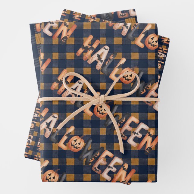 Halloween Plaid Pumpkin Wrapping Paper Sheets (In situ)