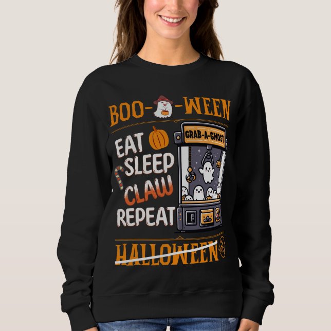 Halloween Playful Orange Ghost Claw Arcade Retro Sweatshirt (Front)