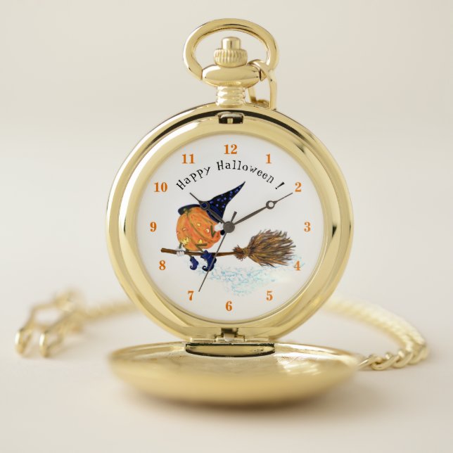Halloween Pocket Watch Witch Pumpkin Flying Broom (Inside)