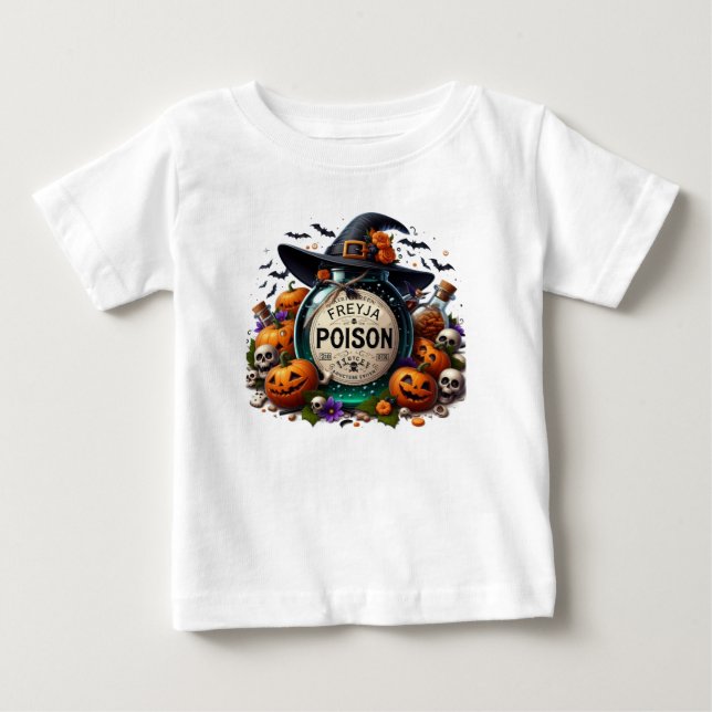 Halloween Poison with Childs Name Baby T-Shirt (Front)