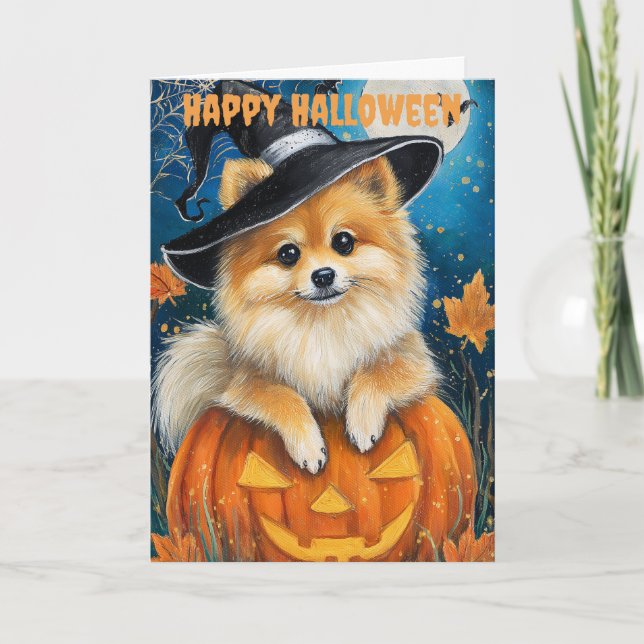 Halloween Pomeranian Dog Holiday Card (Front)