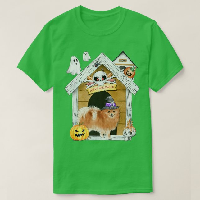 Halloween Pomeranian Dog Witch Haunted House  T-Shirt (Design Front)