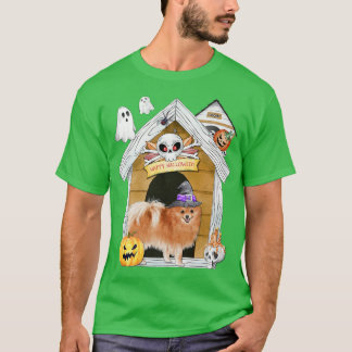 Halloween Pomeranian Dog Witch Haunted House  T-Shirt