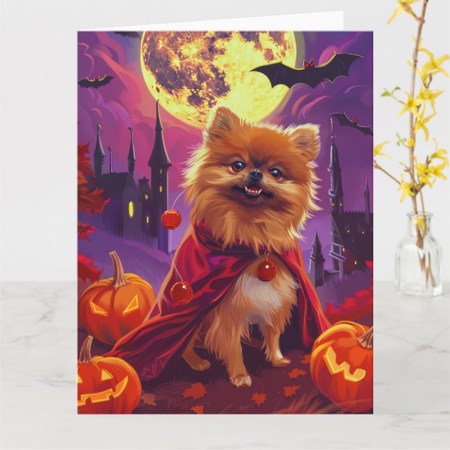 Halloween Pomeranian Vampire Pumpkins Scary  Card (Yellow Flower)
