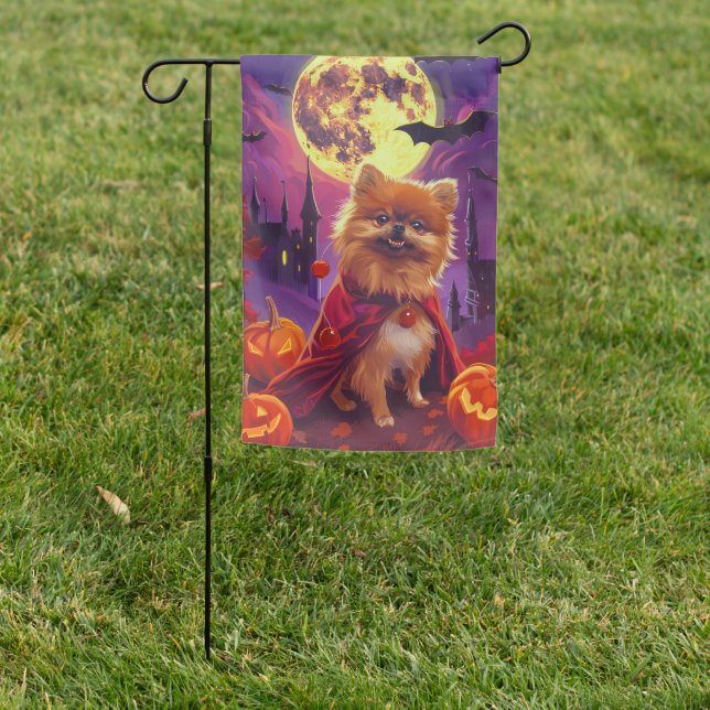 Halloween Pomeranian Vampire Pumpkins Scary  Garden Flag (In SItu)