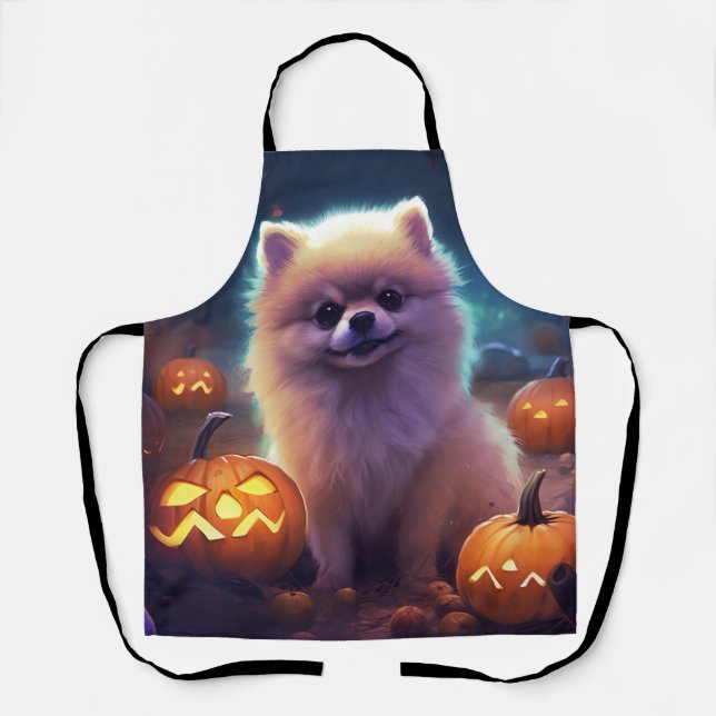 Halloween Pomeranian With Pumpkins Scary  Apron (Front)