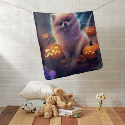 Halloween Pomeranian With Pumpkins Scary  Baby Blanket