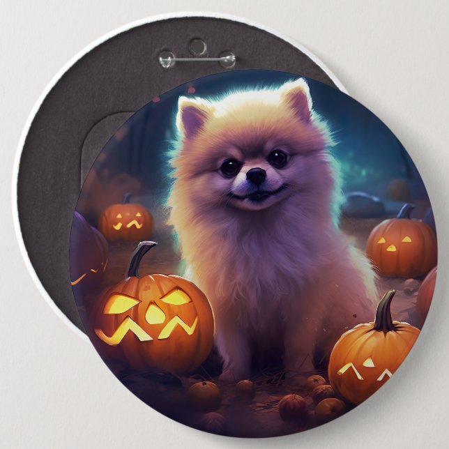 Halloween Pomeranian With Pumpkins Scary  Button (Front & Back)