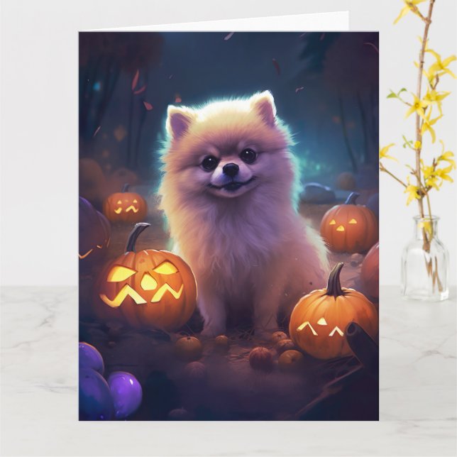 Halloween Pomeranian With Pumpkins Scary  Card (Yellow Flower)